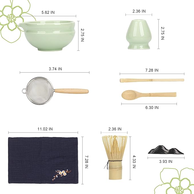 Matcha Whisk Set – 8 Pcs Matcha Set with Ceramic Bowl with Spout, Bamboo Whisk, Holder, Scoop, Sifter, and Tea Towel – Complete Japanese Matcha Kit for Ceremony and Gift