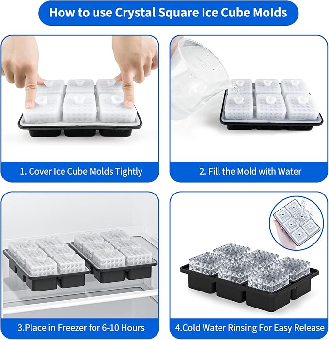6 Chamber 1.97” 3D Crystal Square Ice Cube Tray With Funnel,Large Square Ice Molds Silicone Fun Shapes Whiskey Ice Cube Tray,For Chilling Whiskey,Cocktails,Bourbon,Brandy and Beverages