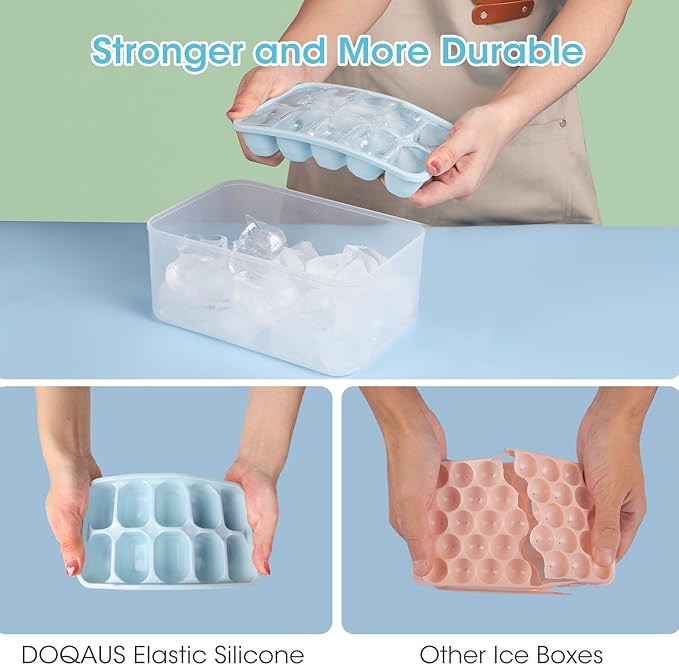 DOQAUS Ice Cube Tray with Lid and Bin, 4 Pack Silicone Plastic Ice Cubes Trays for Freezer with Box/Container, Stackable with Storage Iced Bucket Kits, Scoop, for RV, Soup, Food, Cocktail, Coffee