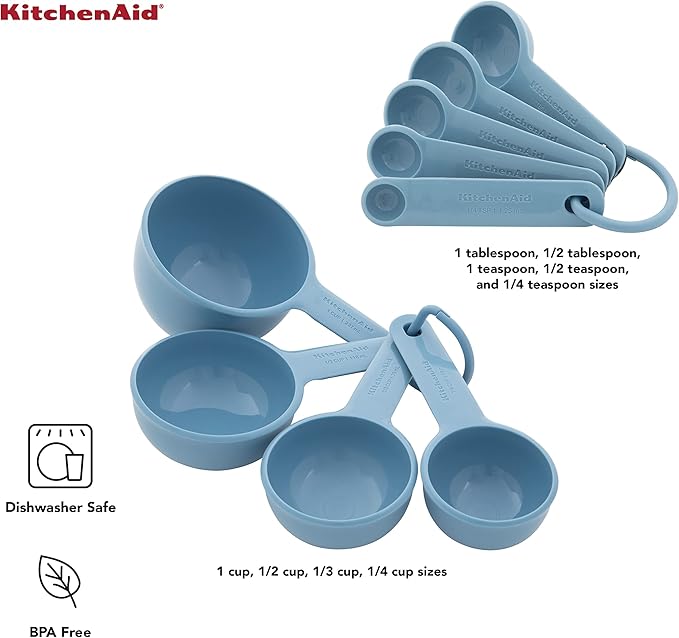 KitchenAid Universal Easy To Read Measuring Cup and Spoon Set with Soft Grip Handle for Maximum Control, Hang Hole and Nesting For Easy Storage, Dishwasher Safe, 9 Piece, Blue Velvet