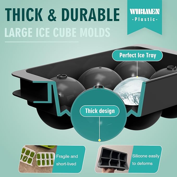 WIBIMEN Large Ice Cube Molds, Big Round Whiskey Ice Cube Trays for Freezer, Easy to Fill & Release, Whiskey Bourbon Cocktail(1.9In*6 Balls- Black/2 Pack)