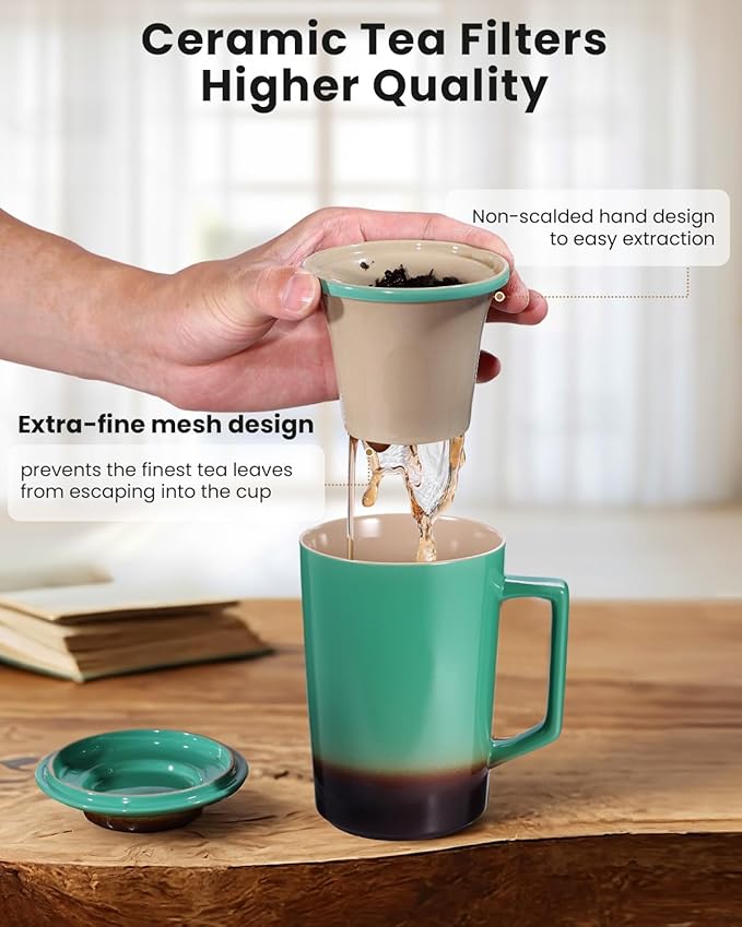 15 OZ Porcelain Tea Infuser Cup with Lid,Ceramic Tea Mug with All-Porcelain Strainers for Loose Leaf Teas,Microwave and Dishwasher Safe Coffee Mug,Metal-Free,BPA-Free,Gifts for Tea-Lover (Green)