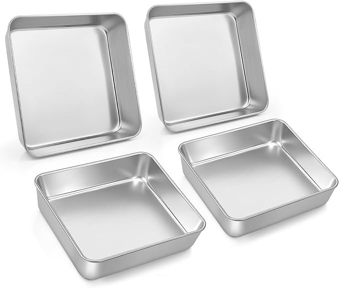 LIANYU 9 x 9 Inch Square Baking Cake Pan Set of 4, Stainless Steel Brownie Bread Cake Molds, Square Bakeware for Lasagna Pie, Oven & Dishwasher Safe