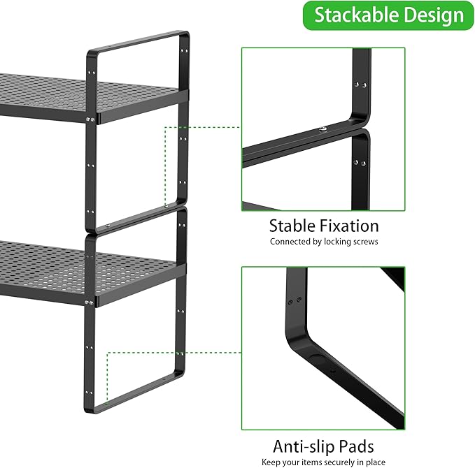 Expandable Cabinet Organizer Shelf, Stackable Shelf Riser for Small Kitchen Pantry Desk Cupboard Tabletop Countertop Home Office, Heavy Duty, Black Small 1 Pack