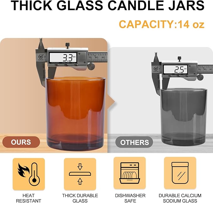 SHOWIN 14 OZ Thick Candle Jars for Making Candles 12 Pcs, 3 Wick Empty Jars with Wood Lids for Candle Making, Sample Container,Clear Brown