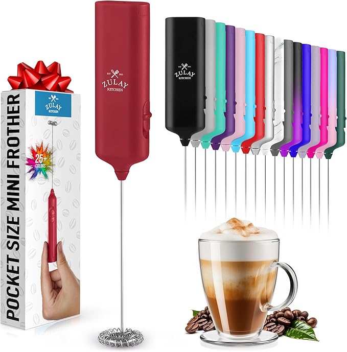 Mini & Mighty Milk Frother Wand – Powerful Handheld Coffee Frother, Battery Operated Drink Mixer – Compact Pocket Size – Detachable Whisk for Latte, Cappuccino, Matcha, Hot Chocolate – Cranberry