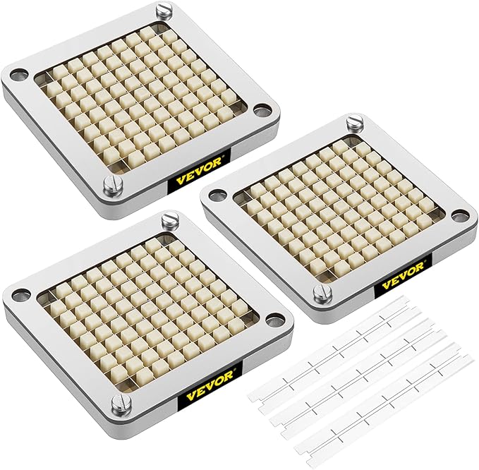 VEVOR Replacement Chopper Blade, 3/8 inch, 3 PCS French Fry Blade Assembly with 6 Extra Knives, Stainless Steel Dicer Parts and Push Block for Cutting Potatoes Carrots Onions Cucumbers Mushrooms