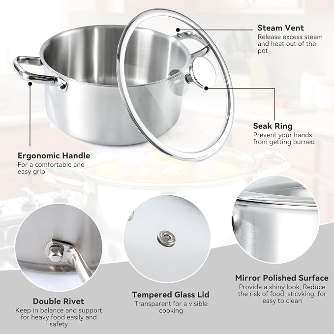 3QT Stock Pot, 316L Stainless Steel Stockpot with Lid, Professional Multi-Use Soup & Pasta Cooking Pot, Oven, Gas and Dishwasher Safe