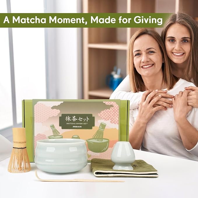 Matcha Whisk Set – Ceramic Matcha Set with Matcha Bowl, Matcha Whisk & Holder, Bamboo Scoop, Tea Towel – 5-Piece Japanese Matcha Kit for Matcha Lovers, Beginners & Gifting (Gray, 20oz)