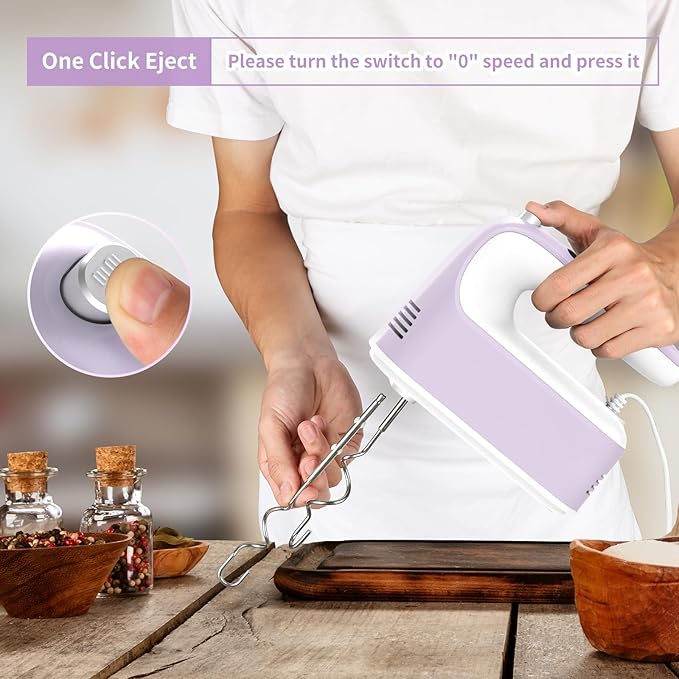 9-Speed Digital Hand Mixer Electric, 400W DC Motor, Hand Mixer electric Handheld with Snap-On Storage Case, Touch Button, Turbo Boost, 5x Stainless Steel Accessories (Lilac Purple)