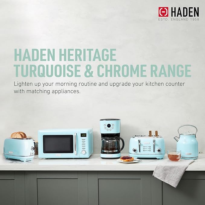 Haden Heritage 4 Slice Wide Slot Stainless Steel Toaster Bundled with 1.7 Liter Stainless Steel Electric Water Kettle, Turquoise & Chrome