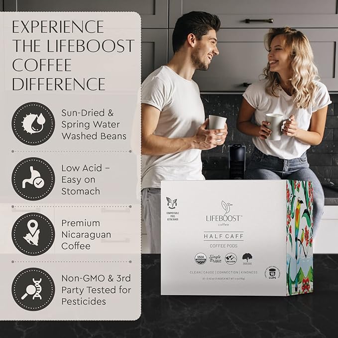 Lifeboost Half Caff Coffee K Cups - Low Acid Half Caff Coffee Pods - Single Origin Non-GMO Mold Free Pods Compatible with Keurig & Keurig 2 - No Mycotoxins or Pesticides - 10 Count