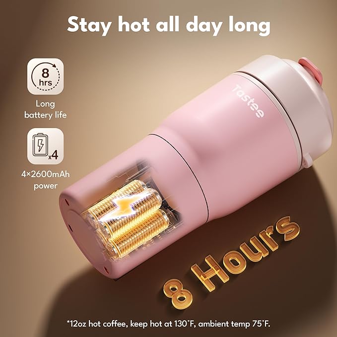 Tastee Heated Coffee Mug – 12oz Portable Travel Mug with 1℉ Precise Temperature Control, 8-Hour Heat Retention, 30W Fast Charging, Leak-Proof, Wide Mouth, Gift-Ready for Office, Home & Outdoor(Pink)