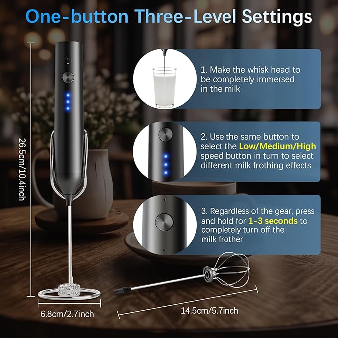 Rechargeable Milk Frother with Stand, Electric Frother Wand Handheld Coffee Foam Maker Detachable Stainless Steel Whisk Drink Mixer Foamer for Latte, Cappuccino, Hot Chocolate, Egg (Black)