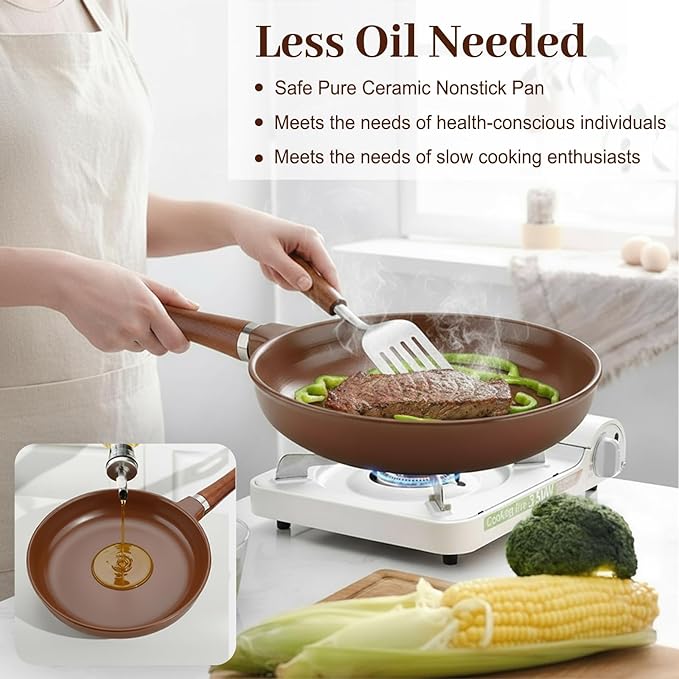 Pure Ceramic Frying Pan, Nonstick 10 Inch Ceramic Skillet (Crafted From Natural Clay Minerals Through Firing), PFAS-Free, Non Toxic/No Coatings Cooking Pan, Induction Pan (Brown)
