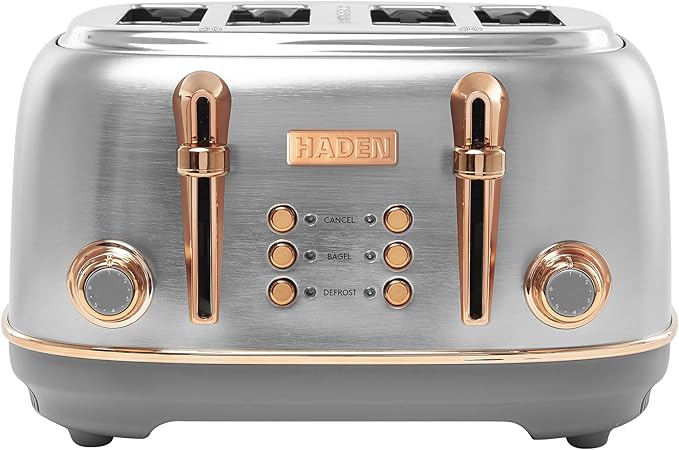 Haden Heritage 4 Slice Wide Slot Stainless Steel Toaster with Adjustable Browning Control & Non-Slip Feet, Steel & Copper