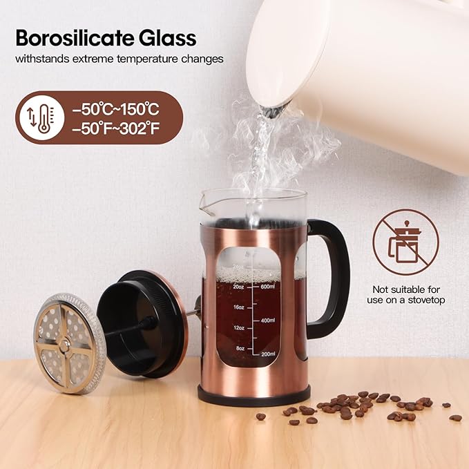 Panana French Press Coffee Maker 34oz Coffee Press, Cold Brew Coffee Tea Pot for Travel, Heat Resistant Thickness Borosilicate Glass French Press (230C-Copper)