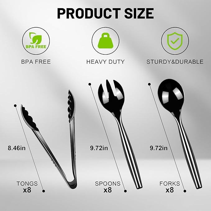 Dualshine 24 Pcs Disposable Black Plastic Serving Utensils,8 Set Including 9.72" Plastic Serving Spoons, Forks and 8.46" Tongs, for Dinner Parties, Buffets,Banquets, Events, Weddings, and Daily Use