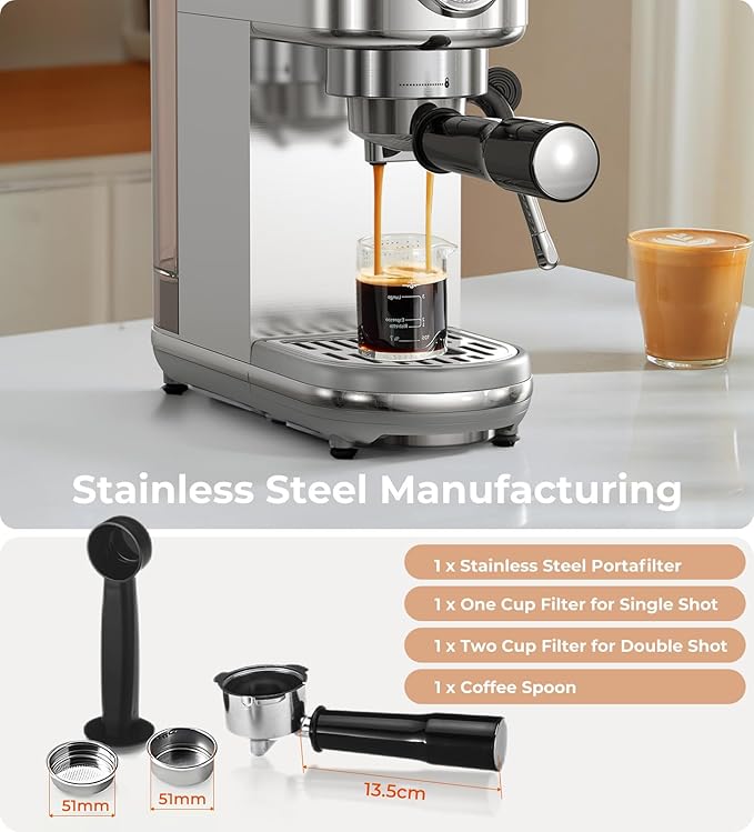 Espresso Machine with Milk Frother, 20 Bar High Pressure Professional Espresso Maker Automatic, Compact Stainless Steel Coffee Machine for Cappuccino, Latte, Gift for Coffee Lover, Dad or Mom, Silver