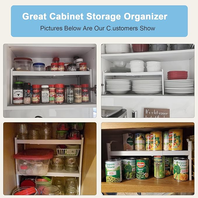 2 Pack Expandable Kitchen Cabinet Shelves Organizers, Stackable Adjustable Small Storage Shelf Rack Stand Riser for Pantry Cabinet Cupboard Kitchen Counter Organization, 22 lbs Capacity, Length:20.5"