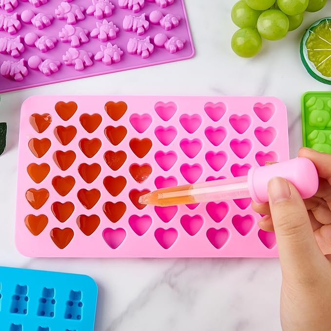 Gummy Candy Molds with 2 Droppers, Silicone Molds Include Bear, Dinosaur, Heart, Flower, Paw, 5 Pcs, 210 Cavities