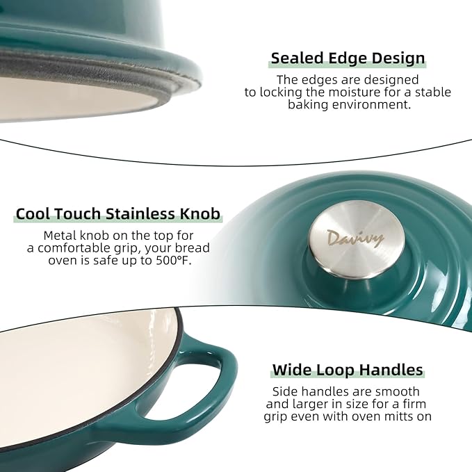Davivy 5.5QT Enameled Cast Iron Dutch Oven with Lid, Dutch Oven for Sourdough Bread, 10" Round Sourdough Bread Oven, Bread Cloche for Bread Baking, with Silicone Baking Mat - Gradient Teal