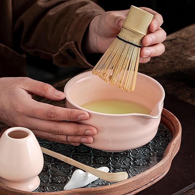 Matcha Tea Set, 5-Piece Ceremonial Kit with Ceramic Matcha Bowl (Chawan), Bamboo Whisk (Chasen) & Holder, Stainless Steel Sifter, Bamboo Scoop (Chashaku) — Japanese Tea Ceremony Gift (Pink)