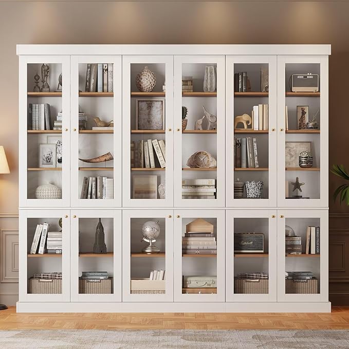 70.8" Bookshelf with Glass Doors, Farmhouse Modular Bookcase with 6-Tier Adjustable Shelves, Large Storage Cabinet for Living Room & Home Office, Set of 4, White