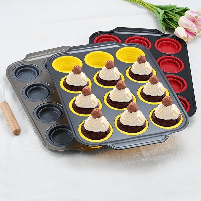 Silicone Muffin Pan, 12 Cups Cupcake Pans with Metal Frame Nonstick Muffin Tins Easy to Pop Out for Baking Cupcake Egg Bites BPA-free Cupcake Pan Mold (12 Cups Grey)