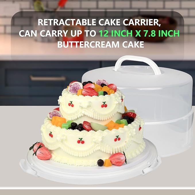 12 Inch Cake Carrier with Lid & Handle BPA-Free Cake Transport Container, Includes Insulated Bag, Cupcake & Pie Holders for Secure Dessert Delivery (Fits 7" Tall Cakes) (Grey)