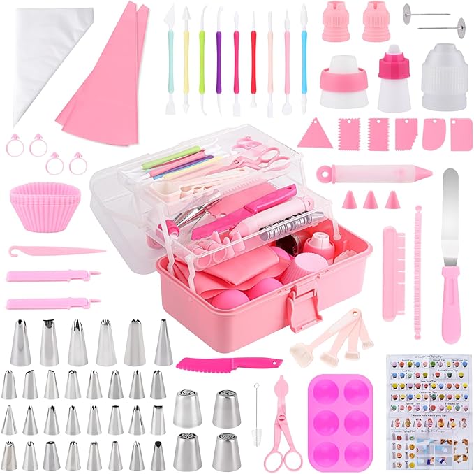Cake Decorating Kit: Decorating Supplies Tools Kit 138 PCS Baking Accessories Include Spiping Bags and Tips Set, Piping Tips Set, Spatulas, Cake Scraper, 50 Piping Bags for Beginners, Pink