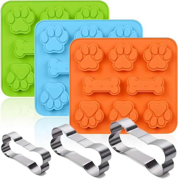 Silicone Molds Puppy Dog Paw & Bone Shaped 2 in 1 and Stainless Steel Cookie Cutter,for Homemade Treats Cat Animal Ice Candy Chocolate Baking Mold(Blue&Green&Orange) (Blue&Green&Orange)