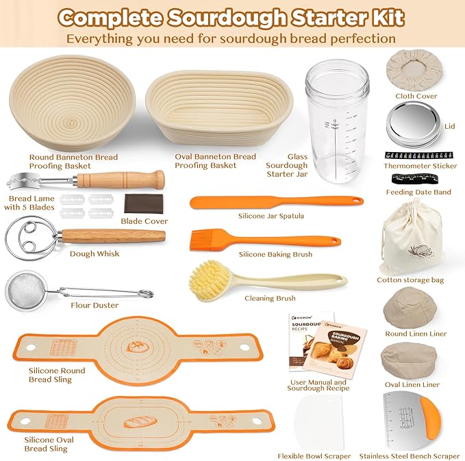 SORON Sourdough Starter Kit, Banneton Bread Proofing Basket with Glass Sour Dough Starter Jar, Sourdough Bread Baking Supplies Tools, 9" Round & 10" Oval Banneton Baskets, Gift Set for Homemade Making