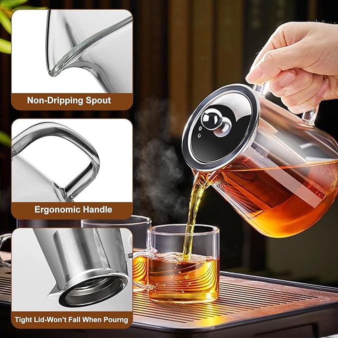Glass Teapot, Tea Pot with Removable Infusers for Loose Tea, Borosilicate Glass Tea Kettle Tea Maker Stovetop for Party, Camping,Travel (950ML)