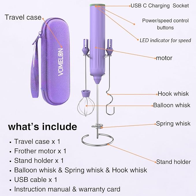 Milk Frother Handheld with 3 Stainless Steel Whisks, Rechargeable Electric Drink Mixer with Stand & Travel Case, Milk Foamer for Coffee, Latte, Cappuccino, Hot Chocolate, Egg,Jam Supplement-Purple