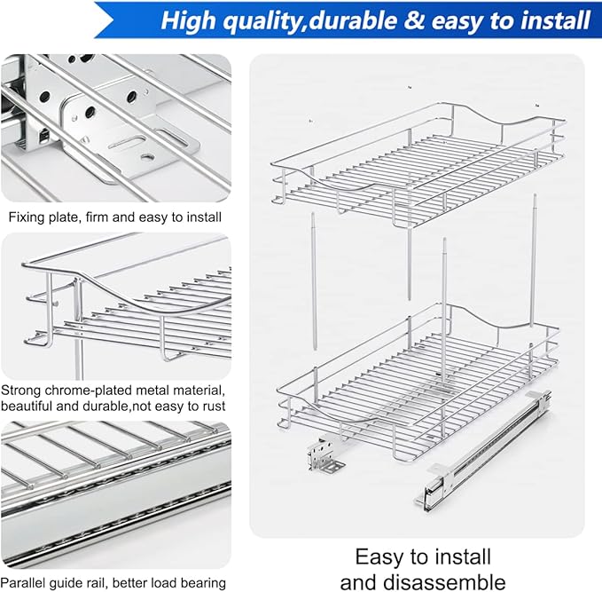 Fulgente Chrome Finish Pull Out Drawer Cabinet Organizer, Professional Wire Frame 2 Tier Heavy Duty Slide Out Kitchen Cabinet Storage Shelves, Sliding Drawer for Cabinet 11"W x 21"D