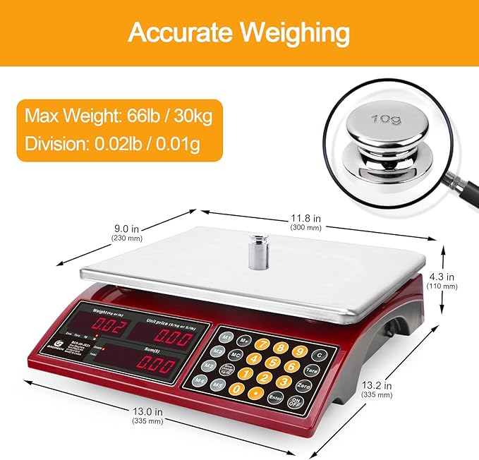 Price Computing Scale 66lb Digital Rechargeable Commercial Kitchen Weight for Produce Food Meat Fruit Vegetable with Dual Display, Give Change Function, 5 Direct Plus Included, Not for Trade