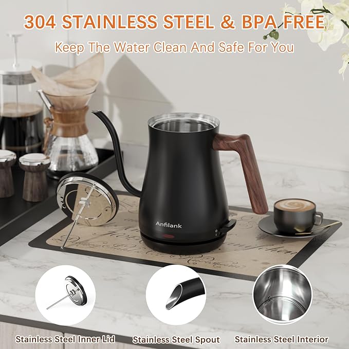 Gooseneck Electric Kettle with Thermometer, 0.8L Small Electric Tea Kettle, 1200W Fast Heat, Precision Pour for Coffee & Tea, Auto Shut Off & Dry Boil Protection, Stainless Steel
