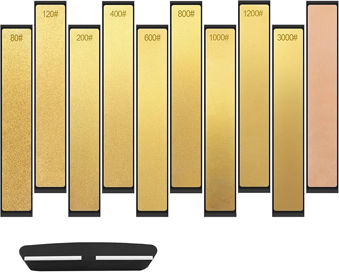 11PCS Diamond Sharpening Stones Set, Kalolary Titanium Coated Grinding Sharpener Plate Diamond Knife Sharpener with Non-slip Base, Honing Rod & Angle Guide for Outdoor Kitchen Knife Tools (9 Grits)