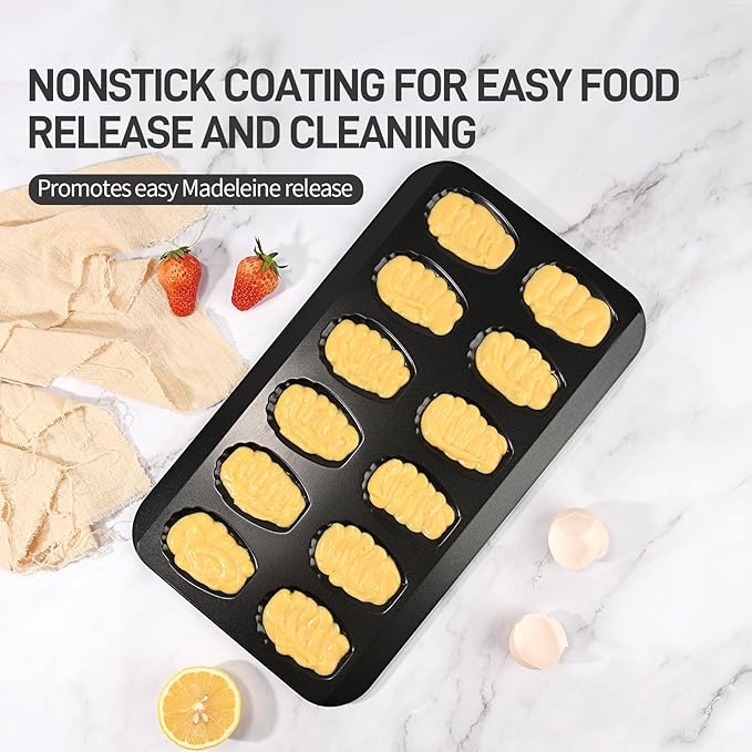 2 Pack Madeleine Pans for Baking, 12 Cavity Heavy Duty Shell Shape Baking Mold Nonstick Cookie Cake Pan for Oven（BLACK）