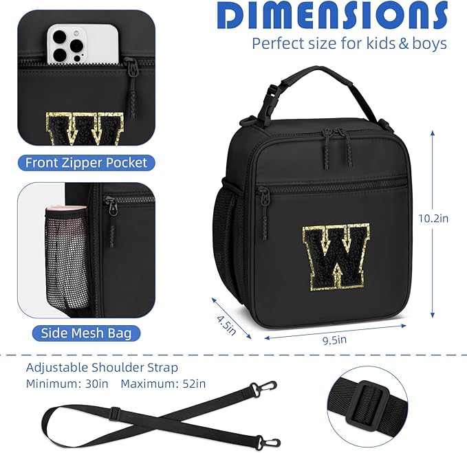 Initial Insulated Lunch Bag for Boys Kids, Back to School Gift, Reusable Leak-proof Lunch Box with Adjustable Strap for School Daycare Travel Picnic（Black，W）