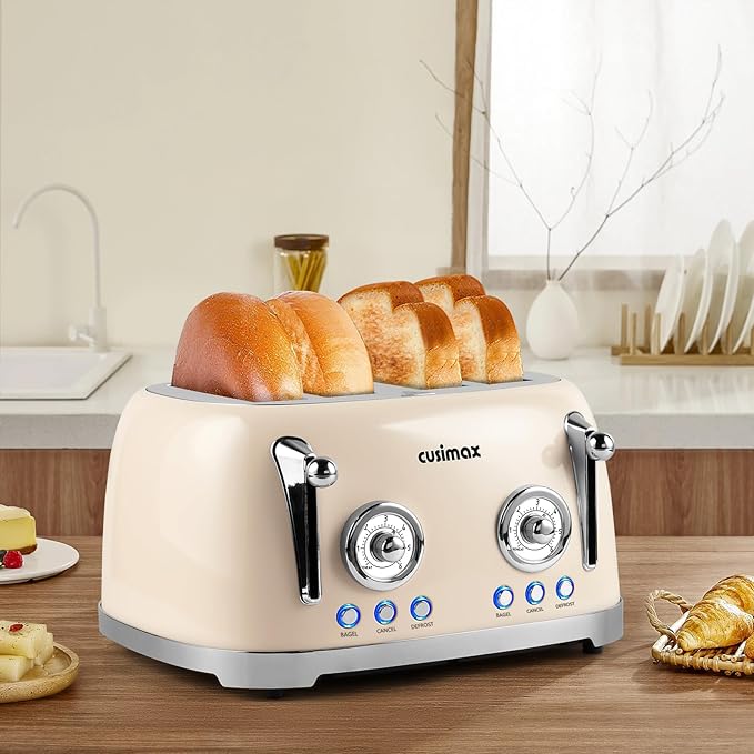 CUSIMAX Toaster 4 Slice, Retro Toaster with Wide Slots for Bagels, Stainless Steel toaster with 6 Toast Settings, Bagel, Cancel, Defrost & Reheat Functions, Dual Independent Control Panels, Cream