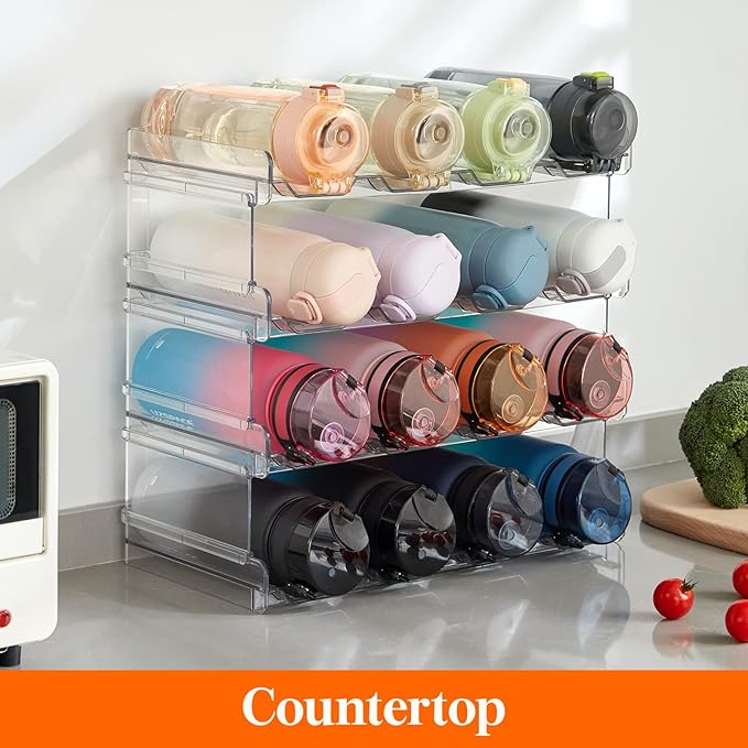 Lifewit Stackable Water Bottle Organizer for Cabinet, Plastic Bottle Holder Fits Bottles & Tumblers up to 3.8" Diameter, Pantry, Countertop & Fridge, 4 Tier Holds 16 Bottles