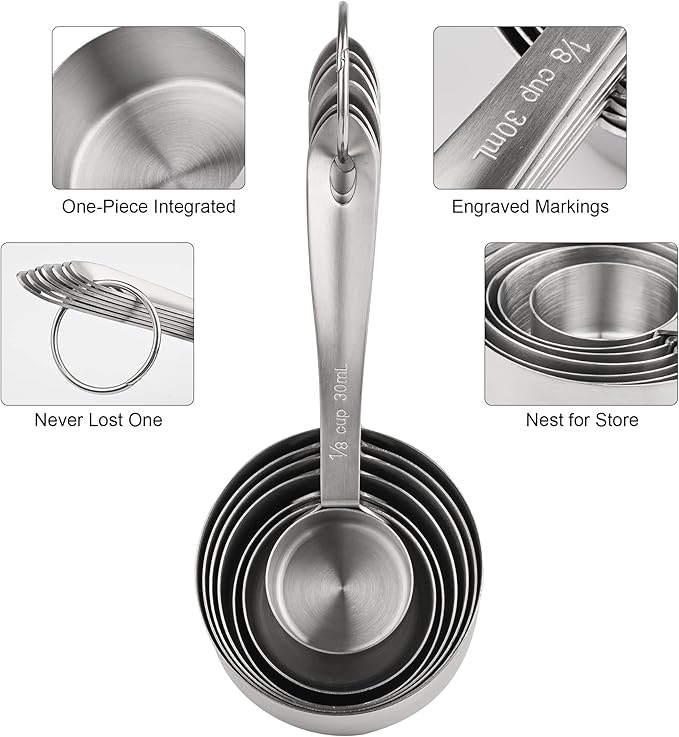 17-Piece Stainless Steel Measuring Cups and Spoons Set, Silver, 7 Cups & 9 Spoons + Leveler