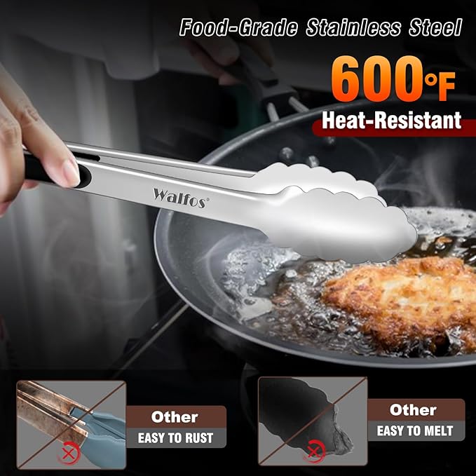 Walfos Kitchen Small Tongs - 7 inch Heavy Duty Mini Food Tongs, Stainless Steel and Non-Slip Heat Resistant Handle - Great for Cooking, Salad, Grilling and Barbecue，3 Piece