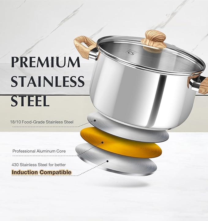 KOCH SYSTEME CS Stainless Steel Pot - 6 Quart Induction Stainless Steel Stock Pot with Lid for Pasta, Soup, Spaghetti, Steel Soup pots with Heat-Resistant Bakelite Double Handle, Dishwasher Safe