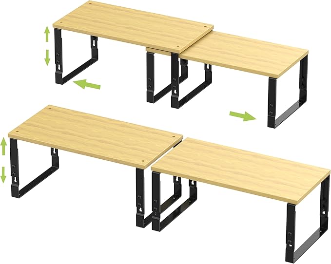 Adjustable Storage Shelves for Kitchen Cabinet Organization - Set of 2 Stackable Metal & Solid Wood Racks, Space-Saving Design for Countertop/Pantry/Garage, Easy Assembly(2 Packs/Large/Black)