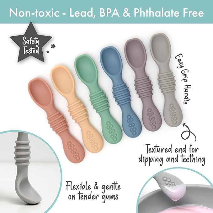 PrimaStella Silicone Chew Spoon Set for Babies and Toddlers - Safety Tested - BPA Free - Microwave, Dishwasher and Freezer Safe - Earth Shades