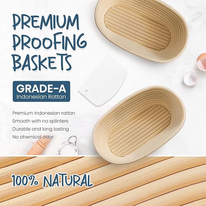 Rorecay Banneton Bread Proofing Baskets Set of 2, 10 Inch Oval Cane Sourdough Bread Rising Basket Bowls with Sourdough Bread Lame Dough Scraper Basting Brush for Sour Dough Proofing Fermentation