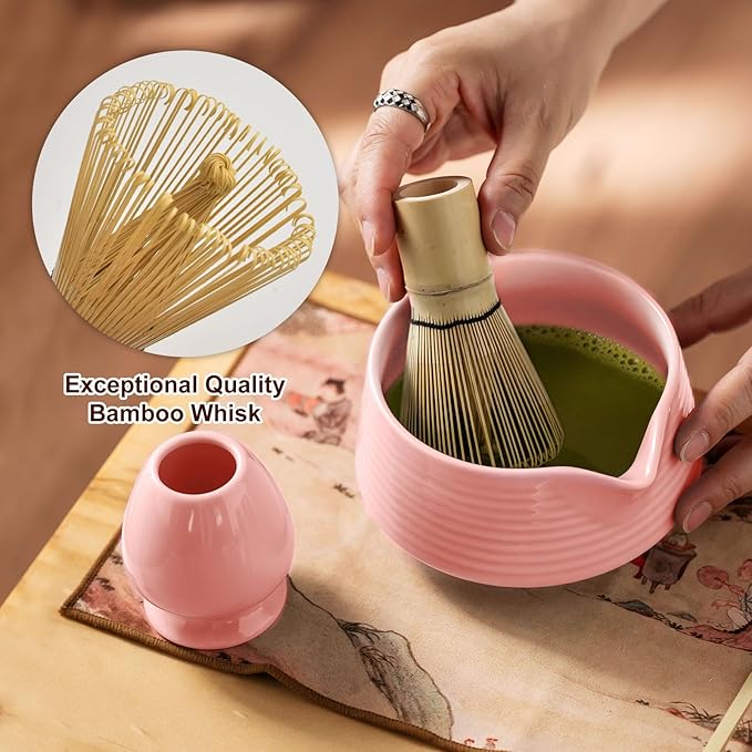 Matcha Whisk Set, 8Pcs Pink Matcha Kit Tea Set with Ceramic Bowl and Whisk Holder, Bamboo Scoop, Sifter, Perfect for Matcha Starter, Cute Matcha Powder Kit, Top Gifts for Women, Friends, Birthday